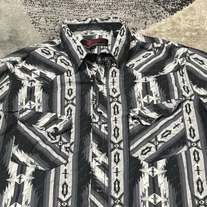 Rock &Roll Denim Western Shirt Men Large Black white Aztec Pearl Snap Striped
